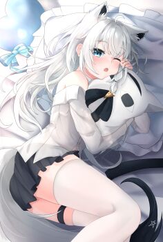 Rule 34 | 1girl, absurdres, animal ears, bare shoulders, black hair, black skirt, blue eyes, blush, fox ears, fox girl, fox tail, highres, hololive, hugging object, indoors, long hair, long sleeves, looking at viewer, lying, multicolored hair, off shoulder, on bed, on side, one eye closed, open mouth, pentagram, pillow, shirakami fubuki, shirt, skirt, solo, st-147, tail, thigh strap, thighhighs, virtual youtuber, white hair, white shirt, white thighhighs