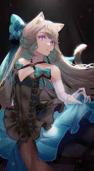 Rule 34 | 1girl, absurdres, alternate costume, animal ears, aqua bow, bare shoulders, black dress, bow, breasts, brown pantyhose, cat ears, cat girl, cat tail, cleavage, closed mouth, commentary, cowboy shot, dress, elbow gloves, facial tattoo, genshin impact, gloves, highres, huge bow, light brown hair, long hair, lynette (genshin impact), pantyhose, purple eyes, rayla (rayla illust), small breasts, solo, star (symbol), star tattoo, tail, tattoo, white gloves