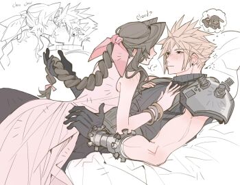 1boy 1girl ? aerith_gainsborough armor bangle bare_shoulders bed_sheet belt black_gloves black_pants blonde_hair blush bracelet braid braided_ponytail brown_belt brown_hair character_name closed_eyes cloud_strife couple dress earrings english_text final_fantasy final_fantasy_vii final_fantasy_vii_rebirth final_fantasy_vii_remake gloves hair_between_eyes hair_ribbon hand_in_another's_hair hand_on_another's_chest hand_on_another's_waist hetero highres image_in_thought_bubble jewelry kiss kissing_nose long_dress long_hair looking_at_another mmmckayyy multiple_views on_bed pants parted_bangs pauldrons pillow pink_dress pink_ribbon rabbit ribbon short_hair shoulder_armor shoulder_blush sidelocks single_braid single_earring single_pauldron sleeveless sleeveless_dress sleeveless_turtleneck spiked_hair spoken_question_mark squeans sundress suspenders turtleneck