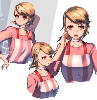 1girl absurdres apron blush breasts brown_eyes brown_hair choker collarbone commentary_request cropped_torso earrings flipped_hair hand_on_own_hip heart heart_choker highres jewelry looking_to_the_side medium_breasts multiple_views official_alternate_costume open_mouth parted_lips persona persona_3 persona_3_reload pink_apron pink_shirt quanero shirt short_hair stud_earrings takeba_yukari upper_body white_choker