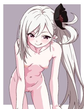 1girl :p bent_over blue_archive blush breasts closed_mouth completely_nude eyes_visible_through_hair hair_ornament hair_scrunchie highres jaggy_lines leaning_forward loli long_hair looking_at_viewer mouth_hold mutsuki_(blue_archive) navel nipples nude pink_eyes pointy_ears pussy scrunchie side_ponytail small_breasts solo standing tamaya tongue tongue_out uncensored very_long_hair white_hair
