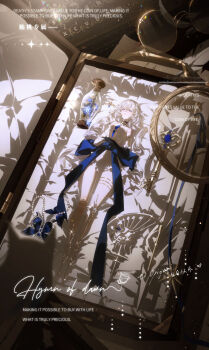 Rule 34 | 1girl, absurdres, asymmetrical gloves, blue bow, blue butterfly, blue eyes, blue flower, bow, bug, butterfly, choker, crossed bangs, doll joints, elbow gloves, flower, frills, full body, glasses, gloves, hair between eyes, highres, insect, joints, key, large bow, lens flare, leotard, light particles, long hair, looking ahead, lying, mini person, mismatched gloves, on back, original, parted lips, sidelocks, solo, strapless, strapless leotard, unworn eyewear, vase, white flower, white hair, white leotard, yi ke da cui tao tao