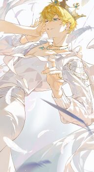 1boy ^^^ blonde_hair bracelet crown feathers green_eyes hair_between_eyes highres jewelry long_sleeves love_and_producer male_focus necklace pants ring shirt short_hair smile solo solo_focus white_feathers white_pants white_shirt xiaojiaju