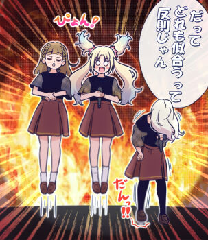 Rule 34 | 0 0, 3girls, 5th live tour ~4pair power spread!!!!~, :d, akihitohappy, black pantyhose, black shirt, blonde hair, blue hair, braid, brown hair, brown shoes, brown sleeves, center-flap bangs, ceras yanagida lilienfeld, cho toutoi love, colored tips, commentary request, fang, fiery background, fire, flower, gradient hair, grey hair, grey sleeves, hair flower, hair ornament, hair over face, highres, holding, holding microphone, hopping, ichigo 123 (love live!), kachimachi kosuzu, link! like! love live!, loafers, looking at viewer, love live!, microphone, multicolored hair, multiple girls, open mouth, osawa rurino, pantyhose, pink flower, plaid clothes, plaid sleeves, purple eyes, shirt, shoes, side ahoge, side braids, skin fang, smile, socks, speech bubble, stomping, translation request, virtual youtuber, white socks