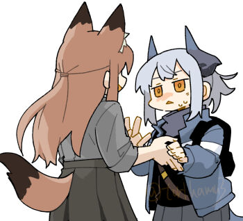 2girls animal_ear_fluff animal_ears arknights backpack bag blue_jacket brown_hair commentary_request cowboy_shot demon_horns facing_away fox_ears fox_girl fox_tail franka_(arknights) grey_hair grey_shirt grey_skirt holding_hands horns jacket konno_akikaze liskarm_(arknights) long_hair looking_at_another multiple_girls open_mouth orange_eyes pleated_skirt ponytail shirt short_hair sidelocks simple_background skirt smile sweat tail triangle_mouth twitter_username white_background yuri