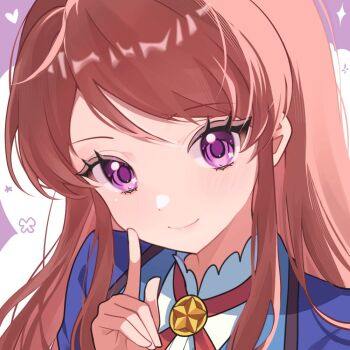 Rule 34 | 1girl, aikatsu!, aikatsu! (series), blue jacket, brown hair, closed mouth, commentary request, finger to cheek, hand up, index finger raised, jacket, korean commentary, long hair, looking at viewer, neck ribbon, nyaleu, purple eyes, red ribbon, ribbon, school uniform, shibuki ran, shirt, smile, solo, starlight academy school uniform, upper body, white shirt, winter uniform
