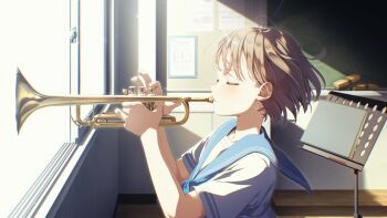 1girl absurdres blue_sailor_collar board_eraser chalkboard classroom closed_eyes commentary_request day highres indoors instrument music music_stand original playing_instrument riripoinya sailor_collar school_uniform shirt short_hair short_sleeves standing trumpet white_shirt window