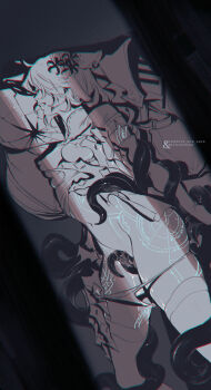 1boy 1girl adra_(robots_&amp;_lace) arms_behind_back aroused ass bdsm bondage bound breasts criticality_(robots_&amp;_lace) doorway glowing glowing_tattoo grabbing_another&#039;s_breast groping hetero highres long_hair lying medium_breasts monster nipples nude on_side panties panty_pull pov_doorway pulling_another&#039;s_clothes pussy pussy_juice restrained robots_&amp;_lace sarah_stone shirt size_difference tattoo tentacle_sex tentacles thighhighs torn_clothes torn_shirt uncensored underwear