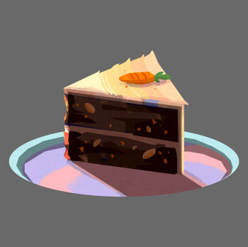 Rule 34 | absurdres, cake, cake slice, carrot cake, commentary, english commentary, food, food focus, gillianthreeg, grey background, highres, no humans, original, plate, shadow, simple background