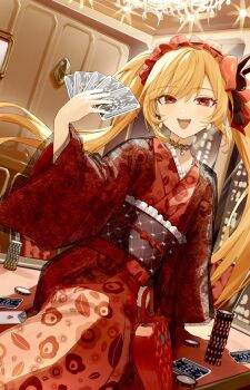 1girl black_sash blonde_hair card ceiling_light chandelier commentary_request commission frilled_hairband frills hairband highres holding holding_card japanese_clothes kimono long_hair long_sleeves looking_at_viewer obi obijime open_mouth original poker_chip print_kimono red_eyes red_hairband red_kimono roena sash sitting skeb_commission smile solo table twintails wide_sleeves