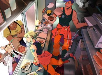1girl 3boys aqua_eyes bandaid bandaid_on_face bandaid_on_nose bare_shoulders black_boots black_tank_top blonde_hair blue_hair blue_pants boots closed_eyes clothes_around_waist cone_hair_bun crossed_arms double_bun facial_hair food food_truck galo_thymos gas_mask goggles goggles_on_head grin hair_between_eyes hair_bun highres holding holding_food holding_pizza irispardom jacket jacket_around_waist lab_coat lio_fotia lucia_fex mask mask_around_neck midriff mouse_(animal) mouse_on_shoulder multiple_boys muscular muscular_male open_mouth orange_hair orange_jacket orange_pants pants pink_eyes pizza pizza_box ponytail promare red_skirt shirt short_ponytail side_cut skirt smile suspenders tank_top trap varys_truss vinny_(promare) white_jacket yellow_shirt