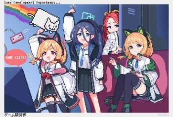 4girls animal_ear_headphones animal_ears aqua_halo aris_(blue_archive) arm_at_side arm_up artist_name black_hairband black_jacket black_shoes black_shorts black_skirt black_tail black_thighhighs blonde_hair blue_archive blue_eyes blue_hair blue_jacket blue_necktie blush border bow buttons cat_ear_headphones cat_ears cat_tail closed_mouth collared_shirt commentary controller couch dress_shirt english_text fake_animal_ears fake_tail forehead frilled_jacket frilled_skirt frills game_controller game_development_department_(blue_archive) green_bow green_eyes green_halo green_jacket hair_between_eyes hair_bow hairband halo hand_up headphones holding holding_stylus holding_tablet_pc in_locker indoors jacket knees_together_feet_apart knees_up lav2pix layered_sleeves locker long_hair long_hair_between_eyes long_sidelocks long_sleeves looking_at_viewer looking_to_the_side loosely_tucked_bangs low-tied_sidelocks medium_hair midori_(blue_archive) miniskirt momoi_(blue_archive) motion_lines multicolored_jacket multiple_girls necktie notice_lines nyan_cat off_shoulder on_couch one_side_up open_clothes open_jacket open_mouth parted_bangs peeking_out pink_eyes pink_jacket pixel_art pleated_skirt power_symbol raised_fist rectangular_halo red_bow red_hair red_halo school_uniform shirt shirt_tucked_in shoes short_necktie short_shorts shorts sidelocks sitting skirt smile sparkle speech_bubble stylus tablet_pc tail teeth thighhighs throwing thumbs_up tie_clip two-sided_fabric two-sided_jacket unbuttoned unbuttoned_jacket upper_teeth_only v-shaped_eyebrows white_border white_jacket white_shirt wide_sleeves yellow_halo yuzu_(blue_archive)