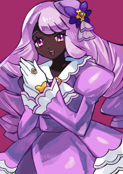 1girl anidler91 black_skin colored_skin dress gloves hair_ornament highres jacinthe_(pokemon) looking_at_viewer nintendo pink_dress pink_hair pokemon pokemon_legends:_z-a purple_eyes solo white_gloves