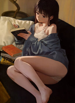 1girl absurdres akipeko armpit_crease barefoot black_hair blue_cardigan blunt_bangs book breasts brown_eyes camisole cardigan closed_mouth collarbone couch dengeki_moeoh full_body hair_behind_ear highres holding holding_book indoors light_smile long_hair looking_at_object lying magazine_scan no_pants on_couch on_side open_book original panties pantyshot pillow plant potted_plant reading scan shaded_face sidelocks small_breasts solo third-party_source underwear white_camisole white_panties