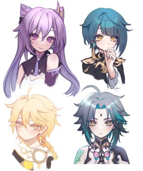 1girl 3boys absurdres aether_(genshin_impact) ahoge arm_tattoo blonde_hair blue_hair braid chinese_clothes closed_mouth cloud_(lufaeris) double-parted_bangs earrings facial_mark forehead_mark genshin_impact hair_between_eyes hashtag-only_commentary highres jewelry keqing_(genshin_impact) long_hair looking_at_viewer multiple_boys parted_bangs purple_eyes purple_hair short_hair simple_background smile tattoo white_background xiao_(genshin_impact) xingqiu_(genshin_impact) yellow_eyes