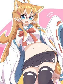 Rule 34 | 1girl, ahoge, animal ear fluff, animal ears, aqua eyes, belly, black skirt, black thighhighs, blue sailor collar, bow, bowtie, breasts, cropped shirt, fang, feet out of frame, groin, hair between eyes, hair ornament, hairclip, highres, jacket, jacket partially removed, large breasts, light blush, long hair, looking at viewer, miniskirt, motion lines, multicolored hair, navel, open clothes, open jacket, open mouth, orange hair, original, pink background, pleated skirt, red bow, red bowtie, red ribbon, ribbon, ribbon-trimmed sleeves, ribbon-trimmed thighhighs, ribbon trim, sailor collar, shirt, side slit, sidelocks, skin fang, skindentation, skirt, sleeveless, sleeveless shirt, sleeves past fingers, sleeves past wrists, smile, solo, tail, thighhighs, toramaru2001710, two-tone hair, very long hair, waving, white background, white hair, white jacket, white shirt, wide sleeves, x hair ornament, zettai ryouiki