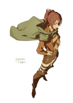 1girl boots breasts brown_boots brown_eyes brown_hair brown_jacket cloak cropped_jacket dated full_body glasses green_cloak hands_on_own_hips hange_zoe highres jacket knee_boots long_hair medium_breasts military_jacket open_mouth pants ponytail shingeki_no_kyojin smile solo standing white_background white_pants zest_(kumolyy)