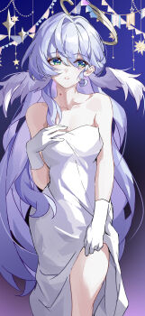 Rule 34 | 1girl, absurdres, bare shoulders, blue hair, breasts, collarbone, dress, evzeva, gloves, green eyes, halo, head wings, highres, honkai: star rail, honkai (series), large breasts, long hair, looking to the side, robin (honkai: star rail), solo, thighs, white dress, white gloves, wings