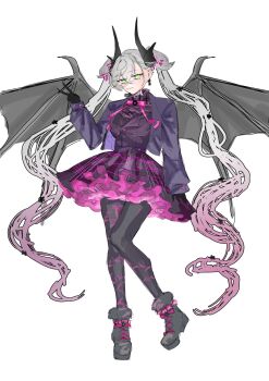 bat_wings black_pantyhose breasts commentary_request demon_horns fate/grand_order fate_(series) green_eyes highres horns lilith_(fate) long_hair looking_at_viewer medium_breasts onda_(wave_sometime) pantyhose pink_hair pleated_skirt purple_skirt skirt twintails v white_hair wings