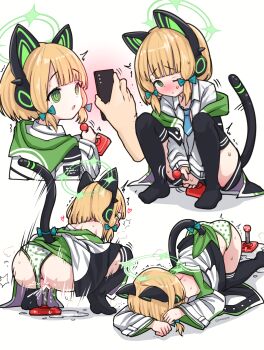 1girl animal_ear_headphones animal_ears bar_censor black_thighhighs blonde_hair blue_archive cat_ear_headphones cat_ears censored clothing_aside commentary commission comodox controller english_commentary fake_animal_ears fake_tail female_masturbation green_eyes halo headphones highres holding hypnosis hypnosis_app joystick loli masturbation midori_(blue_archive) mind_control multiple_views necktie object_insertion panties panties_aside phone polka_dot polka_dot_panties pussy shirt tail thighhighs underwear vaginal vaginal_object_insertion white_shirt