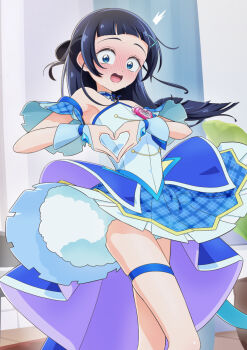 1girl :d ^^^ aokaze_nana arched_bangs armpits bare_legs bare_shoulders blue_bow blue_dress blue_eyes blue_hair blue_wrist_cuffs blush bow brooch bubble_skirt choker collar commentary cosplay cowboy_shot cure_wink cure_wink_(cosplay) curtains detached_collar detached_sleeves dress flustered full-face_blush hair_bun hair_ornament heart heart_brooch heart_hands highres idol_heart_brooch_(precure) indoors jewelry kimi_to_idol_precure knee_up long_hair looking_at_viewer magical_girl nervous_smile nervous_sweating open_mouth plaid_bow plaid_clothes plaid_dress plaid_sleeves pleated_dress precure raised_eyebrows ribbon_choker self_cosplay single_hair_bun skirt smile solo standing straight_hair strapless strapless_dress sweat symbol-only_commentary thigh_strap tiler_(tiler00) white_collar wide-eyed window wrist_cuffs x_hair_ornament