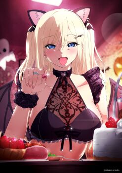 1girl absurdres animal_ear_hairband animal_ears aya_hiyama_(misaki_nonaka) blonde_hair blue_eyes blurry blurry_background breasts cake collarbone earrings fake_animal_ears food fruit hair_ornament hairband halloween highres holding jack-o&#039;-lantern jewelry long_hair misaki_nonaka open_mouth original ring see-through_cleavage see-through_clothes solo strawberry twitter_username upper_body