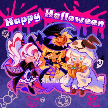 Rule 34 | 3girls, :o, ;), ;3, absurdres, ankle boots, bass guitar, black bow, black bowtie, black coat, black hat, black shoes, blue background, blue eyes, blue outline, blue tail, boots, bow, bowtie, brown boots, bucket, candy, cape, chinese commentary, closed mouth, coat, commentary request, cookie run, cookie run: kingdom, cream puff cookie, crossed legs, demon horns, demon tail, dress, food, full body, geruideyundongxie, ghost, ghost costume, gradient outline, halftone, halloween, halloween bucket, hand on own cheek, hand on own face, happy halloween, hat, hat tip, highres, holding, holding bass guitar, holding bucket, holding instrument, holding stuffed toy, horns, instrument, jack-o'-lantern hat ornament, lace-up boots, large hat, long hair, long sleeves, looking at viewer, mini hat, mini witch hat, multicolored hair, multicolored horns, multiple girls, no pupils, official alternate hair color, official alternate hairstyle, one eye closed, open clothes, open coat, open mouth, orange eyes, orange hair, orange pantyhose, outline, pantyhose, parfait cookie, pink dress, pink hair, pink outline, pompon (cookie run), pumpkin pie cookie, purple pantyhose, red eyes, shoes, short hair, simple background, sleeves past fingers, sleeves past wrists, smile, standing, standing on one leg, streaked hair, striped clothes, striped horns, striped pantyhose, stuffed animal, stuffed toy, tail, top hat, twintails, two-sided cape, two-sided fabric, two-tone hair, two-tone horns, two-tone pantyhose, white hair, wide sleeves, witch hat, wrapped candy