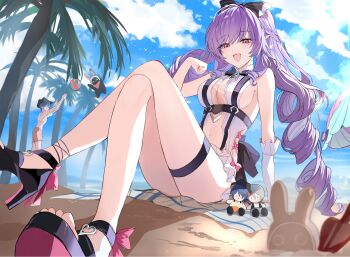 2girls absurdres bangboo_(zenless_zone_zero) belle_(zenless_zone_zero) bow breasts eous_(zenless_zone_zero) hair_bow highres long_hair looking_at_viewer lumi_na_luca medium_breasts multiple_girls navel official_alternate_costume official_alternate_hairstyle one-piece_swimsuit open_mouth pointy_ears purple_hair red_eyes sandals sideboob smile stomach strappy_heels swimsuit thigh_strap toes very_long_hair vivian_banshee vivian_banshee_(iris_of_the_shore) wavy_hair white_one-piece_swimsuit wise_(zenless_zone_zero) zenless_zone_zero