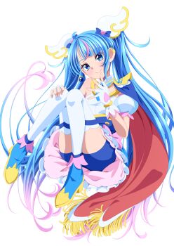 Rule 34 | 1girl, absurdres, ankle boots, bike shorts, blue bike shorts, blue boots, blue cape, blue dress, blue eyes, blue hair, boots, bow, brooch, cape, closed mouth, commentary, cure sky, cut bangs, detached sleeves, dress, dress bow, earclip, earrings, fingerless gloves, floating, frilled dress, frills, fringe trim, gloves, gradient hair, hair ornament, hand on own knee, hand to own mouth, highres, hirogaru sky! precure, jewelry, knees up, long hair, looking at viewer, magical girl, multicolored hair, pink bow, pink hair, precure, puffy detached sleeves, puffy sleeves, red cape, s-operator, short dress, shorts under dress, simple background, single earring, single sidelock, sleeveless, sleeveless dress, smile, solo, sora harewataru, streaked hair, thighhighs, twintails, two-sided cape, two-sided fabric, two-tone dress, two-tone hair, very long hair, white background, white dress, white gloves, white thighhighs, wing brooch, wing hair ornament