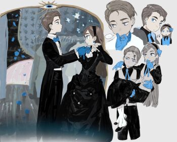 ... 1boy 1girl absurdres adjusting_another's_clothes adjusting_bowtie alternate_costume aristocratic_clothes arm_around_shoulder beamed_eighth_notes black_blood black_dress black_headband black_pants black_shirt black_shoes black_skirt blood blood_on_face blue_bow blue_eyes blue_gloves blue_necktie blue_petals blue_ribbon blue_vest bow bow_headband bowtie brother_and_sister brown_hair carrying chinese_commentary closed_mouth coattails collared_shirt commentary_request covering_own_mouth curtains dipper_gleeful dipper_pines dress dress_shirt earrings expressionless eyeball gloves gravity_falls grin half-closed_eyes hand_on_own_chin headband high-waist_pants highres jewelry juliet_sleeves kneehighs light_blush limited_palette long_dress long_hair long_skirt long_sleeves looking_at_another looking_at_viewer looking_to_the_side ma_fu mabel_gleeful mabel_pines multiple_views musical_note neck_ribbon necktie pale_skin pants parted_hair petals princess_carry puffy_sleeves reverse_falls_(gravity_falls) ribbon shirt shoes short_hair siblings side_part skirt sleeves_past_wrists smile smirk socks spoken_ellipsis standing star_(symbol) straight_hair tailcoat vest victorian waistcoat white_shirt white_socks white_vest wing_collar