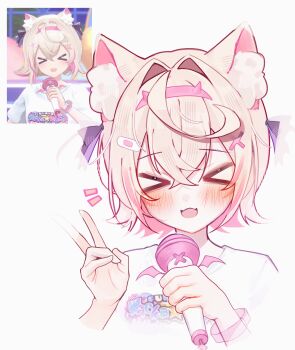 >_< absurdres animal_ear_fluff animal_ears bandaid bandaid_hair_ornament blonde_hair blush chestnut_mouth closed_eyes commentary cropped_torso crossed_bangs dog_ears double-parted_bangs english_commentary fake_horns fangs hair_between_eyes hair_intakes hair_ornament hairband highres holding holding_microphone hololive hololive_english horn_hairband horns meiwowowo microphone mococo_abyssgard multicolored_hair official_alternate_color open_mouth pink_hairband pink_streaks print_shirt reference_sheet shirt short_hair skin_fangs streaked_hair t-shirt two_side_up upper_body v virtual_youtuber white_shirt wristband x_hair_ornament