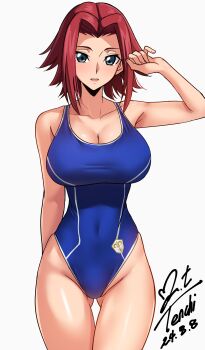 1girl absurdres arm_behind_back armpits ass bare_shoulders blue_eyes blue_one-piece_swimsuit breasts cleavage code_geass code_geass:_lost_stories commentary competition_swimsuit covered_navel cowboy_shot dated gluteal_fold groin hair_intakes hand_up highleg highleg_one-piece_swimsuit highres kouzuki_kallen large_breasts legs_together light_smile looking_at_viewer medium_hair one-piece_swimsuit parted_lips red_hair signature simple_background solo standing swimsuit teeth thigh_gap upper_teeth_only white_background yoo_tenchi