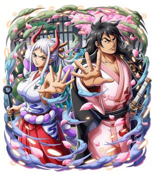 1boy 1girl aqua_hair bare_shoulders black_cloak black_eyes black_hair cloak closed_mouth club club_(weapon) commentary curled_horns earrings english_commentary hair_ornament hair_stick hakama hakama_pants hoop_earrings horns japanese_clothes jewelry kanabou katana kimono kouzuki_momonosuke long_hair long_sleeves looking_at_viewer multicolored_hair multicolored_horns official_art one_piece one_piece_treasure_cruise oni orange_eyes orange_horns pants pink_kimono red_horns rope shimenawa sleeveless standing sword third-party_source two-tone_horns wavy_hair weapon white_hair yamato_(one_piece)