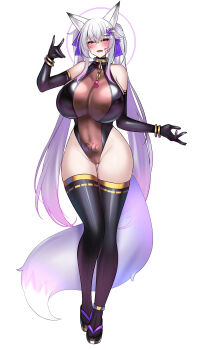 Rule 34 | 1girl, absurdres, animal ears, bare shoulders, blush, breasts, collar, corruption, elbow gloves, fox ears, fox shadow puppet, fox tail, gloves, hair ornament, highleg, highleg leotard, highres, huge breasts, kutan, leotard, long hair, looking at viewer, mizuki (kutan), naughty face, original, pinwheel, pinwheel hair ornament, pubic tattoo, purple eyes, seductive smile, see-through clothes, see-through leotard, smile, solo, tail, tattoo, thighhighs, very long hair, white hair, wide hips, wrist cuffs
