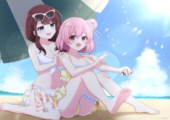 2girls applying_sunscreen assault_lily barefoot beach bikini blue_eyes blush bottle bra breasts brown_hair chromatic_aberration cloud commentary_request commission eyewear_on_head highres hitotsuyanagi_riri holding holding_bottle kaede_johan_nouvel kneeling lotion medium_breasts multiple_girls open_mouth piatin pink_hair sitting skeb_commission sunscreen swimsuit umbrella underwear white_bra yellow_bikini yuri