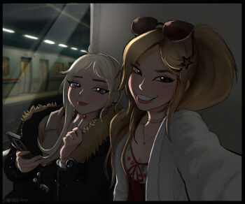 2girls ahoge belle_delphine_(character) black_jacket blonde_hair blue_eyes bracelet breasts candy cellphone character_request cleavage commentary cross cross_necklace eyewear_on_head food fur-trimmed_jacket fur_trim hair_ornament highres holding holding_candy holding_food holding_lollipop holding_phone jacket jewelry lollipop medium_breasts multiple_girls necklace phone pink_lips ponytail real_life selfie shadman smartphone smartwatch smile star_(symbol) star_hair_ornament subway sunglasses symbol-only_commentary teeth watch white_jacket window wristwatch