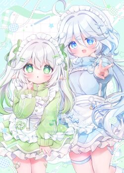 2girls ahoge alternate_costume alternate_hairstyle apron blue_dress blue_eyes blue_gemstone blush bow chiika_(cure_cherish) commentary_request dress enmaided frilled_apron frilled_hairband frills furina_(genshin_impact) gem genshin_impact gradient_hair green_dress green_eyes green_hair hair_between_eyes hair_bow hairband heterochromia jersey_maid long_hair long_sleeves looking_at_viewer maid maid_headdress multicolored_hair multiple_girls nahida_(genshin_impact) open_mouth outstretched_arm pointy_ears star-shaped_pupils star_(symbol) symbol-shaped_pupils teardrop-shaped_gem thigh_strap twintails unconventional_maid very_long_hair waist_apron white_apron white_bow white_hair white_hairband