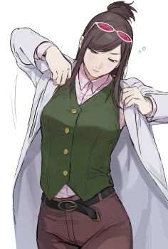 Rule 34 | 1girl, ace attorney, adjusting clothes, apollo justice: ace attorney, belt, black belt, brown hair, brown pants, collared shirt, cowboy shot, ema skye, eyewear on head, glasses, green vest, half-closed eyes, half updo, hands up, highres, lab coat, long hair, long sleeves, nyak il, pants, pink-tinted eyewear, pink shirt, shirt, simple background, solo, standing, sunglasses, tinted eyewear, vest, white-framed eyewear, white background