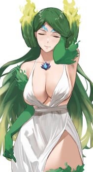 1girl alternate_hair_color bare_shoulders breasts brighid_(xenoblade) cleavage closed_mouth collarbone dress elbow_gloves closed_eyes fiery_hair fire gloves green_hair hand_up highres j@ck large_breasts long_hair simple_background smile solo very_long_hair white_background white_dress xenoblade_chronicles_(series) xenoblade_chronicles_2