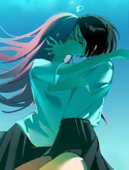 2girls air_bubble alien_stage arms_around_neck artist_request black_hair black_skirt bubble commentary commission green_eyes hand_on_another's_face hashtag-only_commentary highres kiss long_hair mizi_(alien_stage) multiple_girls pink_hair pleated_skirt school_uniform second-party_source shirt short_hair skirt sua_(alien_stage) underwater white_shirt yuri