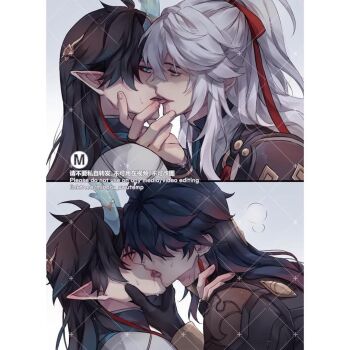 Rule 34 | 3boys, black hair, blade (honkai: star rail), blush, dan feng (honkai: star rail), dan heng (honkai: star rail), dan heng (imbibitor lunae) (honkai: star rail), dragon horns, french kiss, grabbing another's chin, hand on another's chin, heavy breathing, honkai: star rail, honkai (series), horns, jing yuan, kiss, multiple boys, open mouth, red ribbon, ribbon, tears, white hair, yaoi