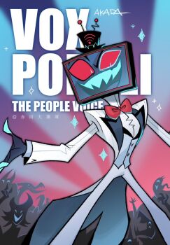 1boy akada black_hat blue_teeth bow bowtie colored_teeth colorful_background commentary english_text flat_screen_tv hat hazbin_hotel hellaverse jacket looking_at_viewer red_bow red_bowtie red_eyes shirt sparkle symbol-only_commentary teeth television vox_(hazbin_hotel) watermark white_jacket white_shirt wi-fi_symbol