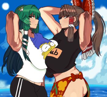 absurdres armpits arms_behind_head arms_up ass black_shirt blunt_bangs bow breast_press breasts brown_hair frilled_bow frilled_hair_tubes frills frog_hair_ornament green_eyes green_panties hair_bow hair_ornament hair_tubes hakurei_reimu highres huge_breasts journey-b kochiya_sanae leggings lips long_hair looking_at_viewer looking_to_the_side marge_simpson midriff panties plump ponytail pornhub print_shirt red_bow red_sarong sarong shirt sidelocks single_hair_tube snake_hair_ornament t-shirt the_simpsons touhou underwear white_shirt