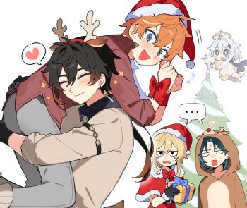 ... 2girls 3boys alternate_costume animal_ear_hairband animal_ears animal_nose antenna_hair antlers aqua_hair armlet ass belt black_belt black_eyes black_gloves black_hair black_scarf blank_eyes blonde_hair blue_bow blue_eyes blue_hair blush boots bound bow bowtie box bright_pupils brown_hair capelet carrying carrying_person christmas christmas_ornaments christmas_tree clenched_hands collared_shirt commentary crystal_hair_ornament deer_antlers deer_costume deer_ears dress earrings english_commentary facial_mark fake_animal_ears fake_antlers fake_tail fang flower flying flying_sweatdrops forehead_mark from_behind full_body fur-trimmed_capelet fur-trimmed_gloves fur-trimmed_headwear fur_trim garland_(decoration) gem genshin_impact gift gift_box gloves gradient_hair grey_hair grey_pants hair_between_eyes hair_ornament hairband half-closed_eyes halo hands_up hat heart holding holding_box horns jewelry long_hair long_sleeves looking_at_another low_ponytail lumine_(genshin_impact) mechanical_halo multicolored_hair multiple_boys multiple_girls necktie nemururin open_mouth orange_hair paimon_(genshin_impact) pants pendant pom_pom_(clothes) ponytail puffy_long_sleeves puffy_sleeves red_bow red_bowtie red_capelet red_dress red_hairband red_hat red_shirt romper santa_hat scarf shirt short_hair sidelocks simple_background single_earring smile socks speech_bubble spoken_ellipsis spoken_heart standing star_ornament starry_sky_print sweatdrop tail tape tartaglia_(genshin_impact) tassel tassel_earrings tied_up_(nonsexual) two-tone_hair upper_body v-shaped_eyebrows white_background white_boots white_necktie white_pupils white_romper white_shirt white_socks xiao_(genshin_impact) yaoi yellow_flower yellow_gem zhongli_(genshin_impact)