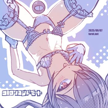 1girl backbeako_(torotei) backbeard black_hair blush bra breasts commentary dated dated_commentary garter_belt gegege_no_kitarou gloves hair_over_one_eye kono_lolicon_domome lingerie loli long_hair looking_at_viewer lying navel on_back original paid_reward_available panties pointy_ears red_eyes ribs simple_background small_breasts solo spread_legs thighhighs tongue tongue_out torotei translated twintails underwear underwear_only upside-down watermark web_address white_bra white_garter_belt white_gloves white_panties white_thighhighs