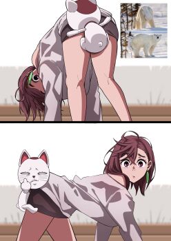 2girls absurdres all_fours arm_support ayase_momo bare_legs bare_shoulders bent_over black_skirt brown_eyes brown_hair carrying cat commentary crossed_bangs dandadan earrings feet_out_of_frame from_behind from_side hair_behind_ear hair_between_eyes highres jewelry kneepits long_sleeves looking_at_viewer looking_to_the_side maneki-neko middle_finger miniskirt mounting multiple_girls naru_(7ventysix) on_person photo_inset reference_inset shirt short_hair skirt turbo_granny_(dandadan) white_shirt