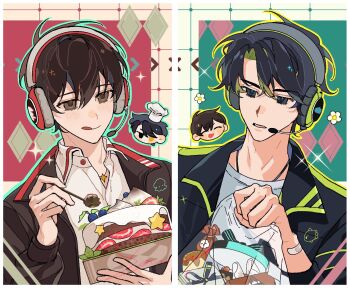2boys bag bandaid_on_wrist black_eyes black_hair black_jacket blue_outline cake chibi chibi_inset collared_shirt eating food green_outline hair_between_eyes headphones headset holding holding_bag jacket kim_dokja male_focus multiple_boys omniscient_reader&#039;s_viewpoint open_mouth outline shirt short_hair strawberry_cake striped_clothes striped_jacket talking tongue tongue_out twle upper_body white_shirt yoo_joonghyuk