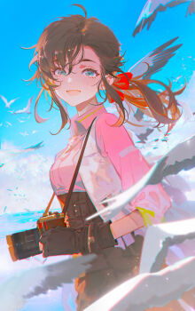 1girl bird black_gloves camera cenying_(gujian_qitan) cloud gloves green_eyes gujian_qitan_3 highres long_hair mian_lang open_mouth sky smile solo