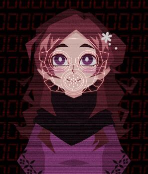 1girl black_scarf blush bright_pupils brown_hair closed_mouth commentary english_commentary eyelashes flower gas_mask hair_flower hair_ornament kurashiki_akane kyokugen_dasshutsu kyokugen_dasshutsu:_9_jikan_9_nin_9_no_tobira long_hair looking_at_viewer mask purple_eyes pyonderella scarf seven-segment_display smile solo spoilers static upper_body white_pupils zero_(kyokugen_dasshutsu)