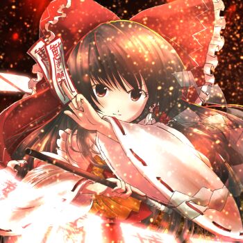 1girl ascot between_fingers blush bow brown_hair closed_mouth commentary detached_sleeves frilled_bow frilled_hair_tubes frills gohei hair_bow hair_tubes hakurei_reimu highres holding holding_gohei light_smile long_hair looking_at_viewer ofuda ofuda_between_fingers oubachiago red_bow red_eyes ribbon-trimmed_sleeves ribbon_trim solo touhou yellow_ascot